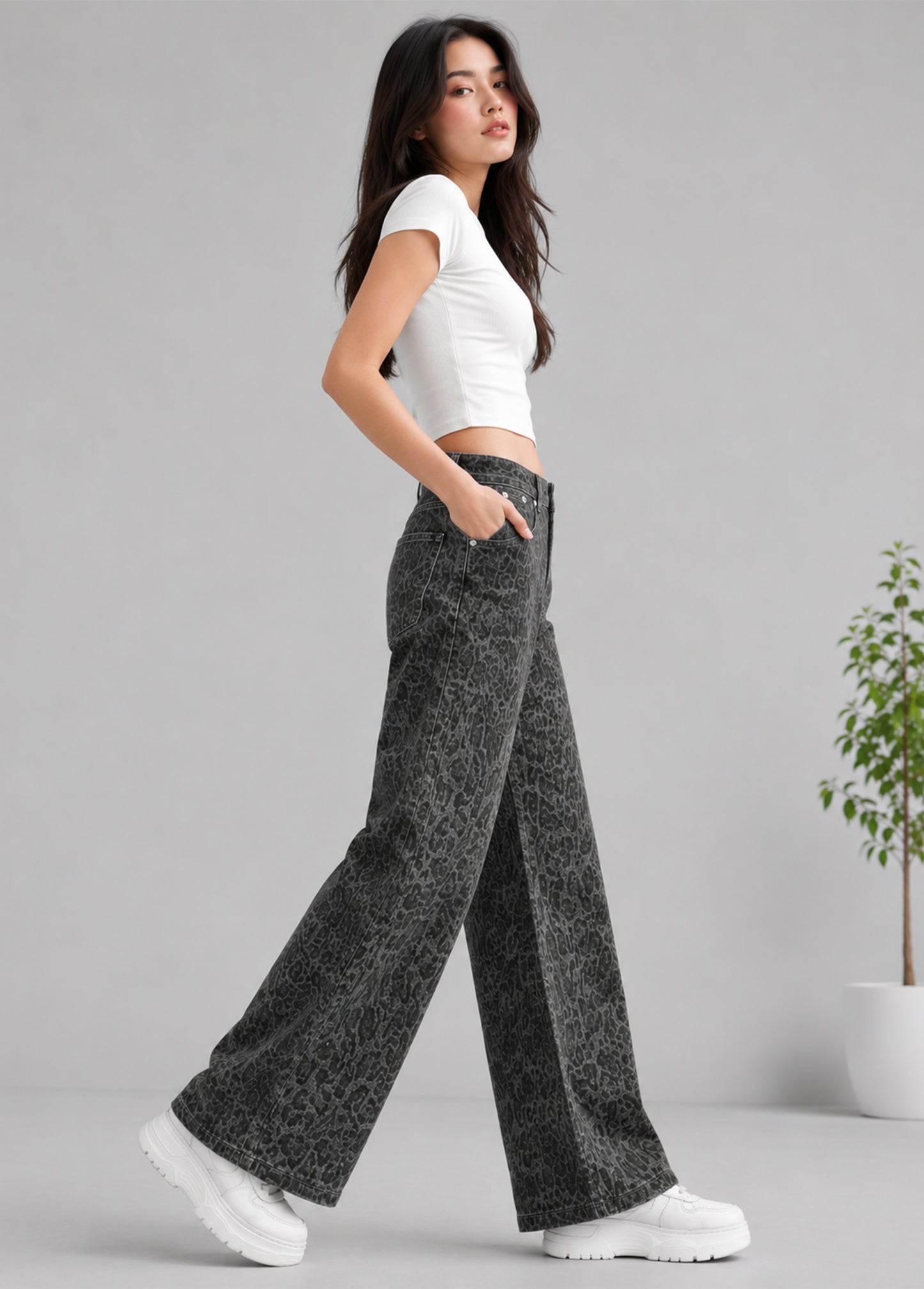 George Women Wide Leg Jeans Dark Grey Leopard Print US 670