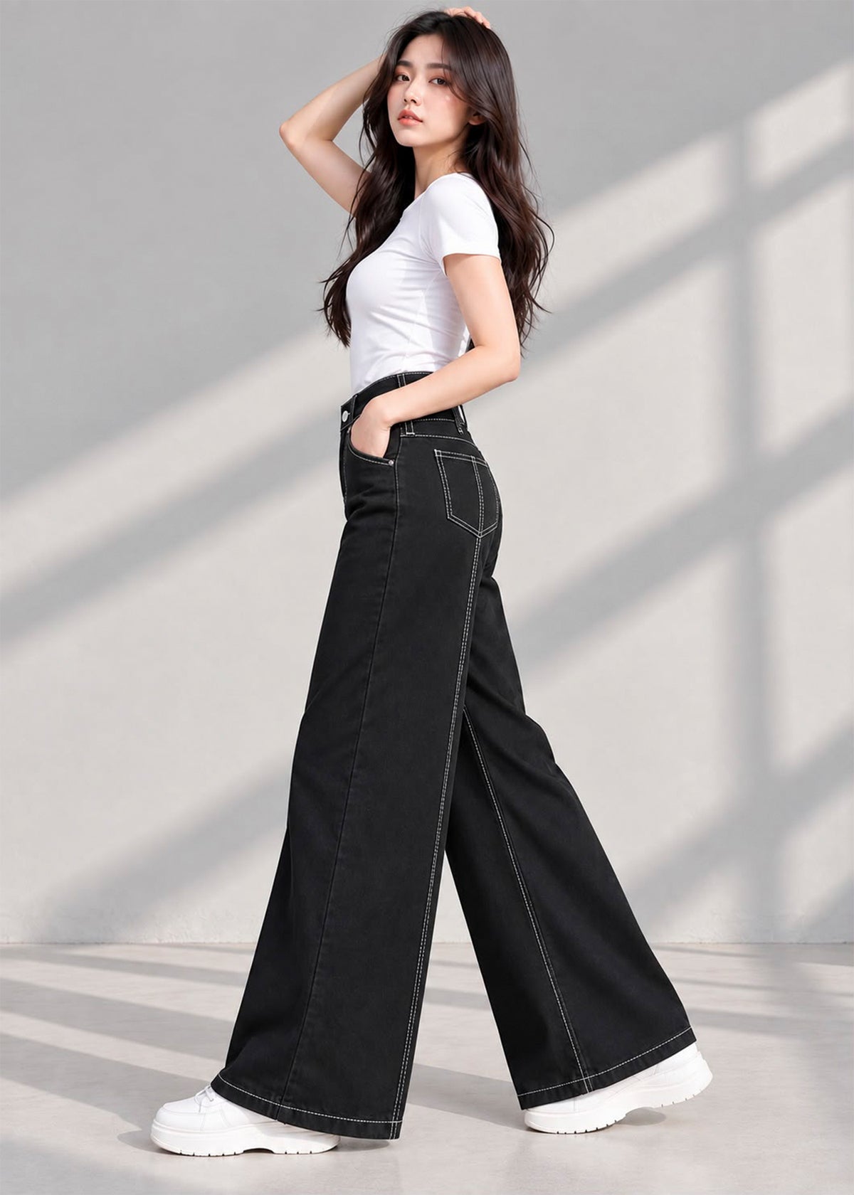 Meave-Women Wide Leg Black Jeans Stretch 810