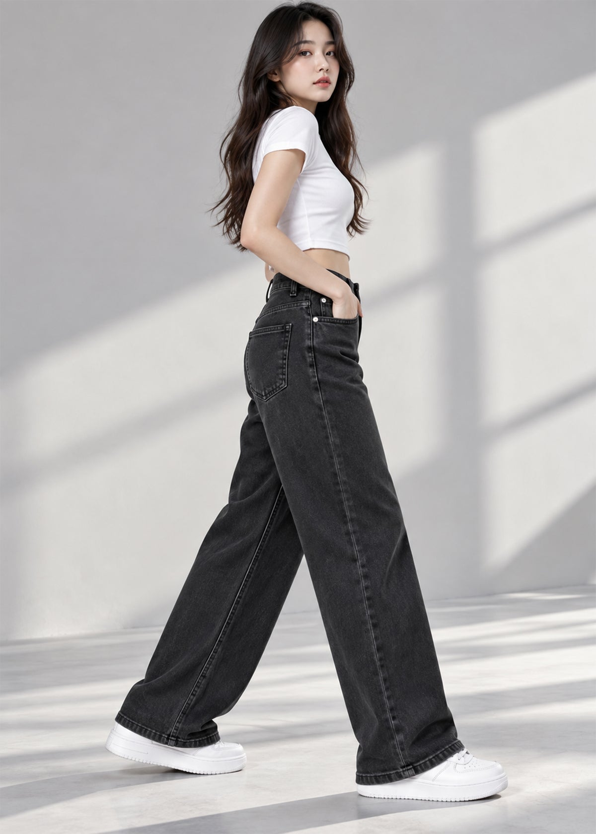 F&F-women Wide leg Jeans Black Stretch Denim 802