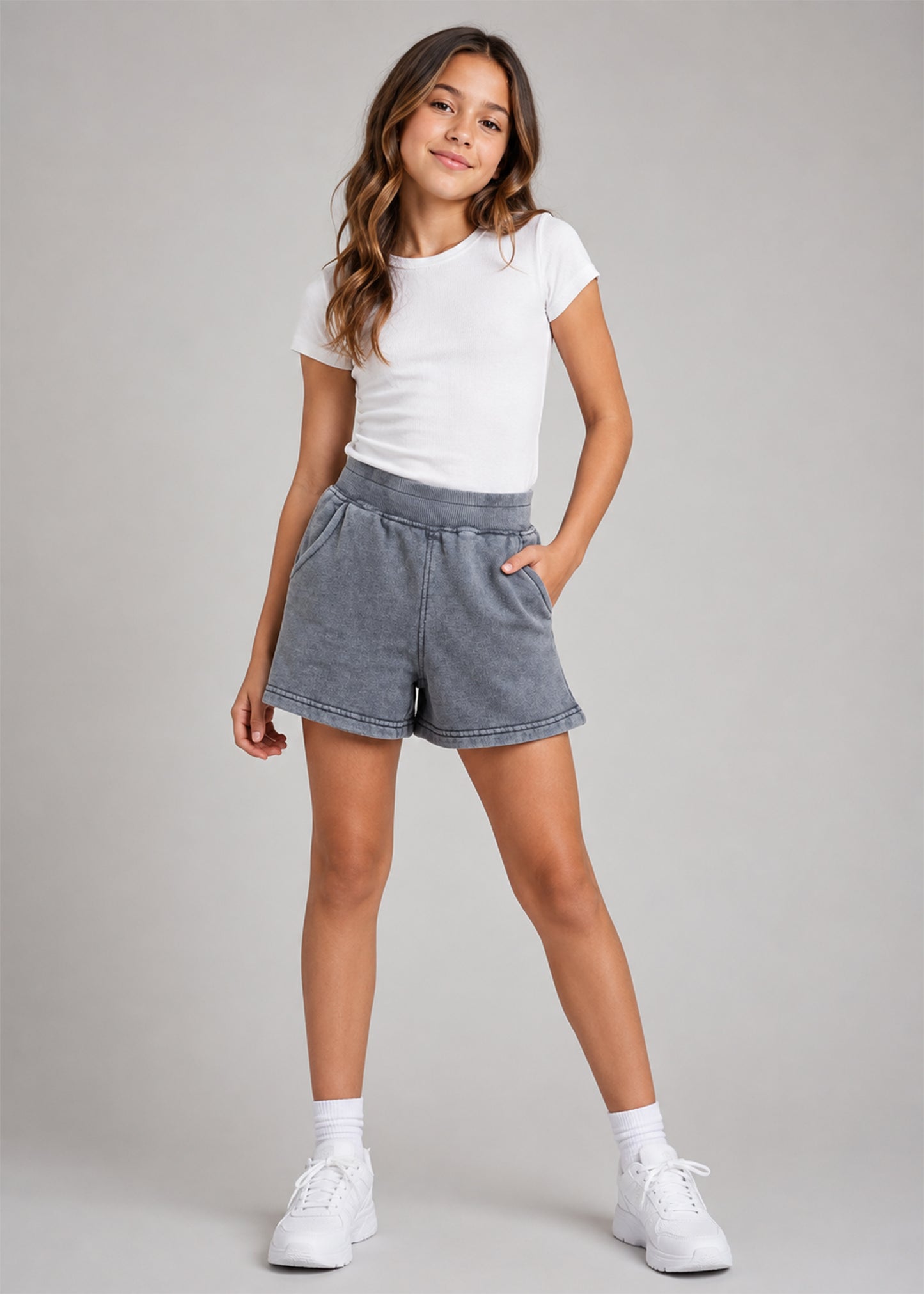 Fashion Nova Girls Elastic Waist Sweat Shorts Acid Wash 728