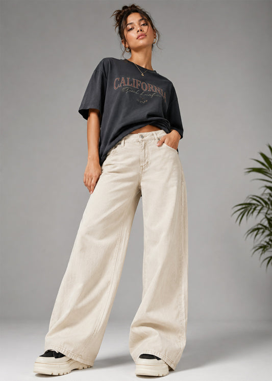 H&M Women Wide Leg Jeans Beige US 690