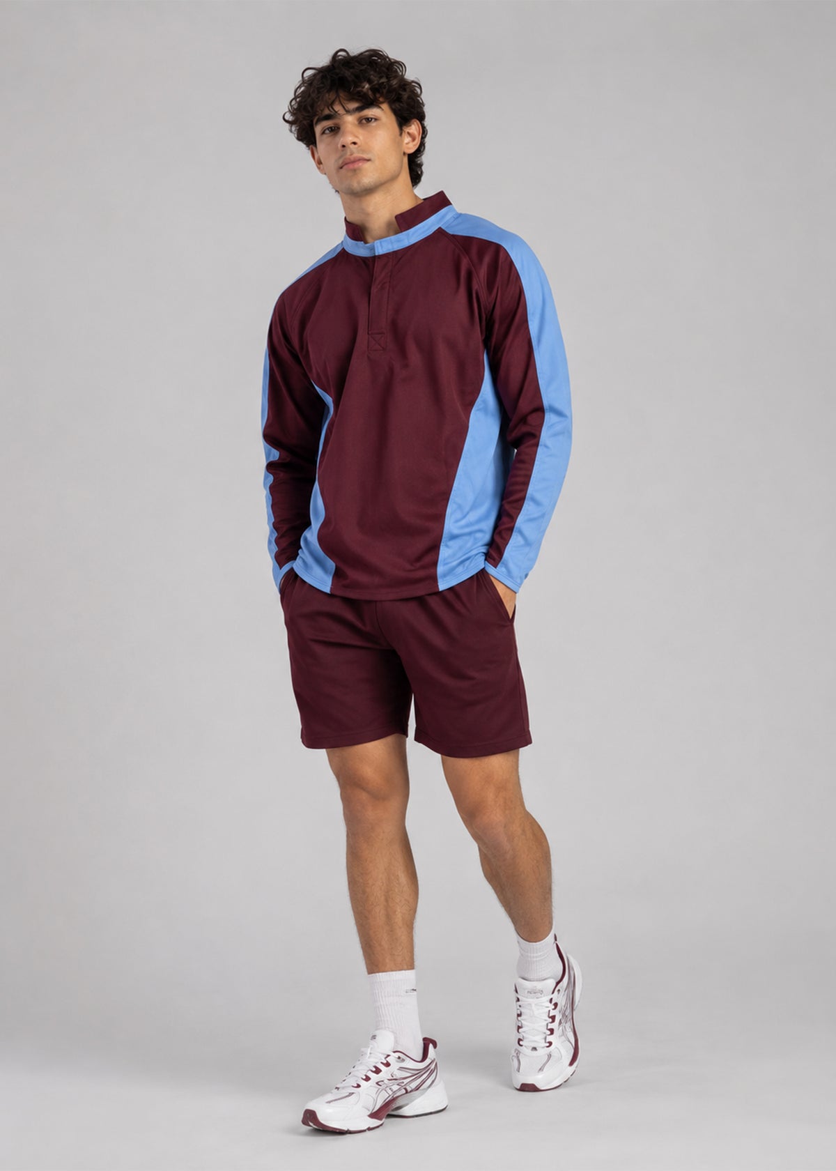 Falcon Men’s Long Sleeve Rugby Top Burgundy & Sky Blue 729