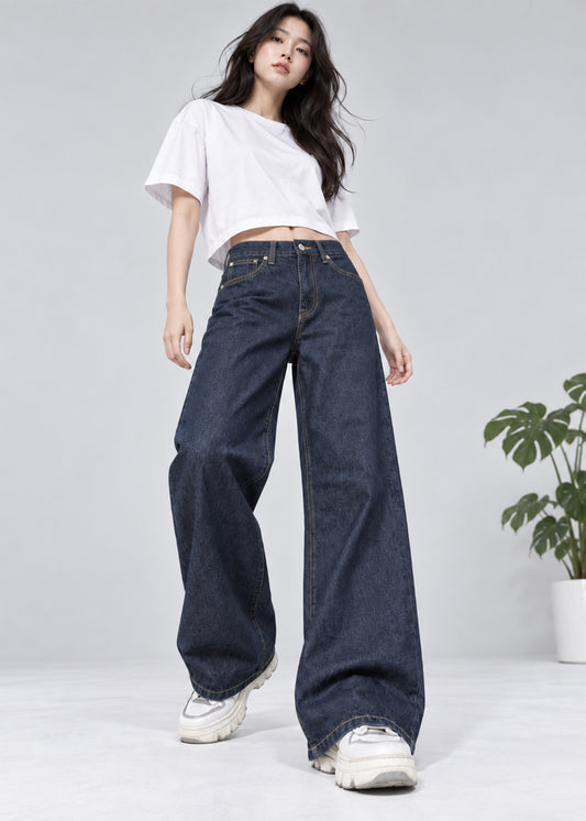 River Island Women Wide Leg Jeans Dark Blue US 756