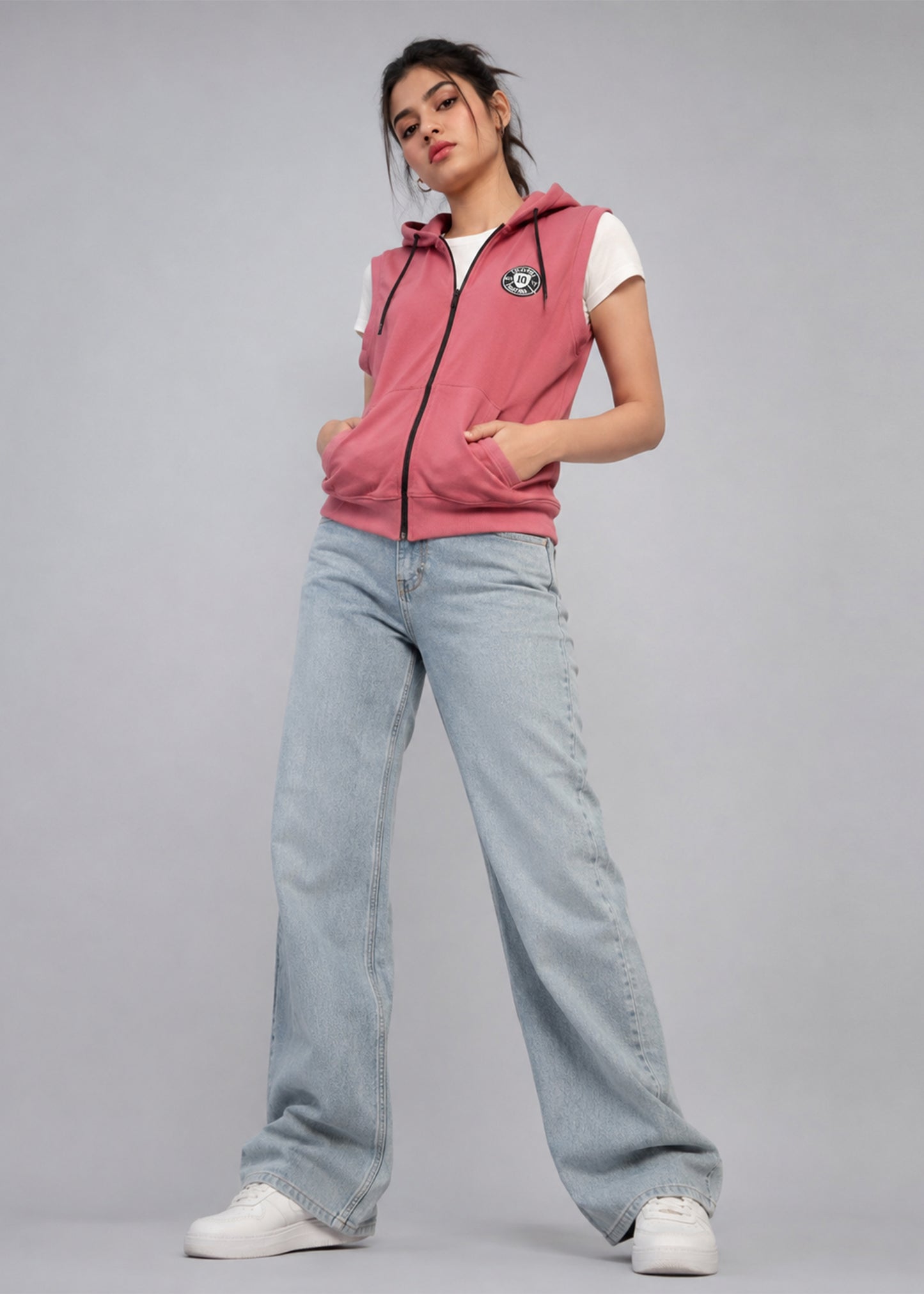 Hopenotout Women Sleeveless Zip-Up Hoodie Vest Dusty Rose 720