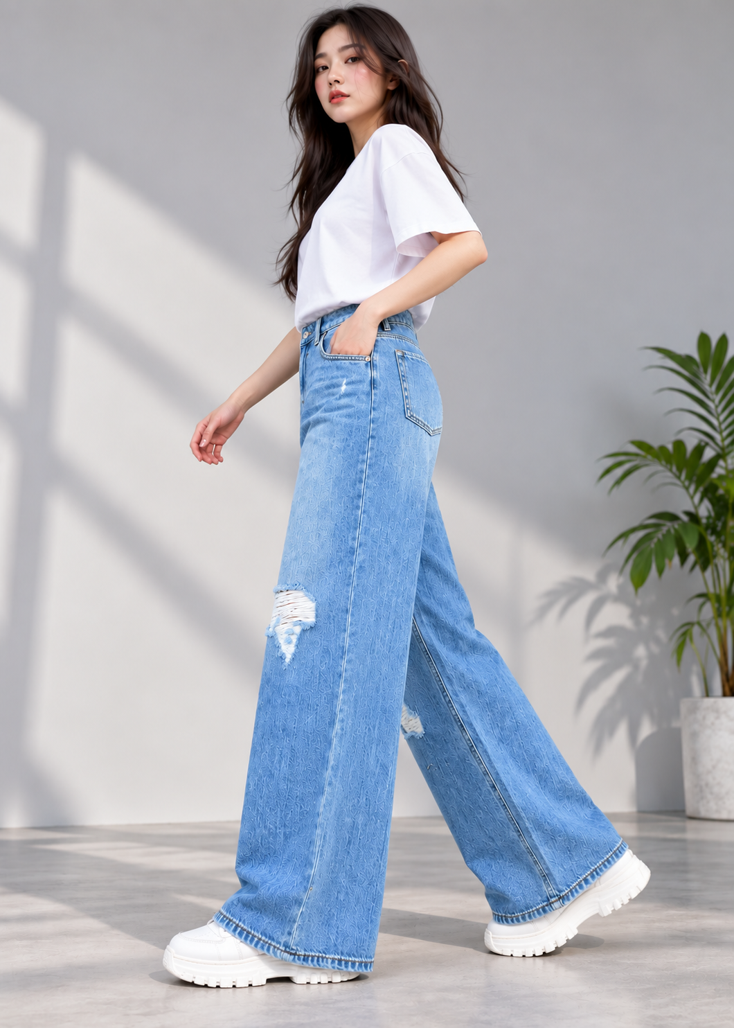 Forever-Women Loose Fit Non Stretch Grinding Denim 859