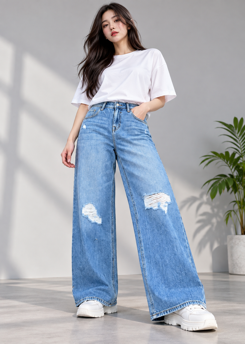 Forever-Women Loose Fit Non Stretch Grinding Denim 859