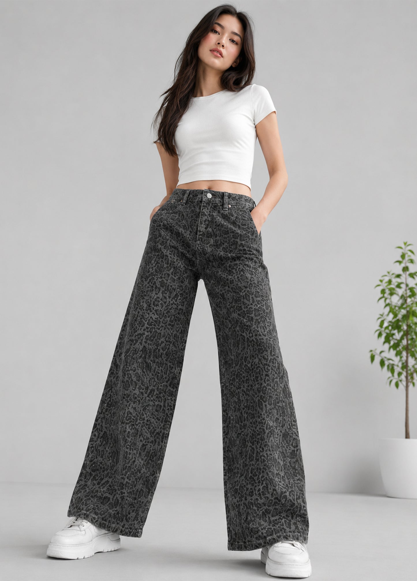 George Women Wide Leg Jeans Dark Grey Leopard Print US 670