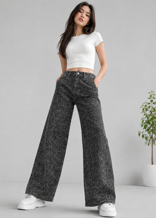 George Women Wide Leg Jeans Dark Grey Leopard Print US 670
