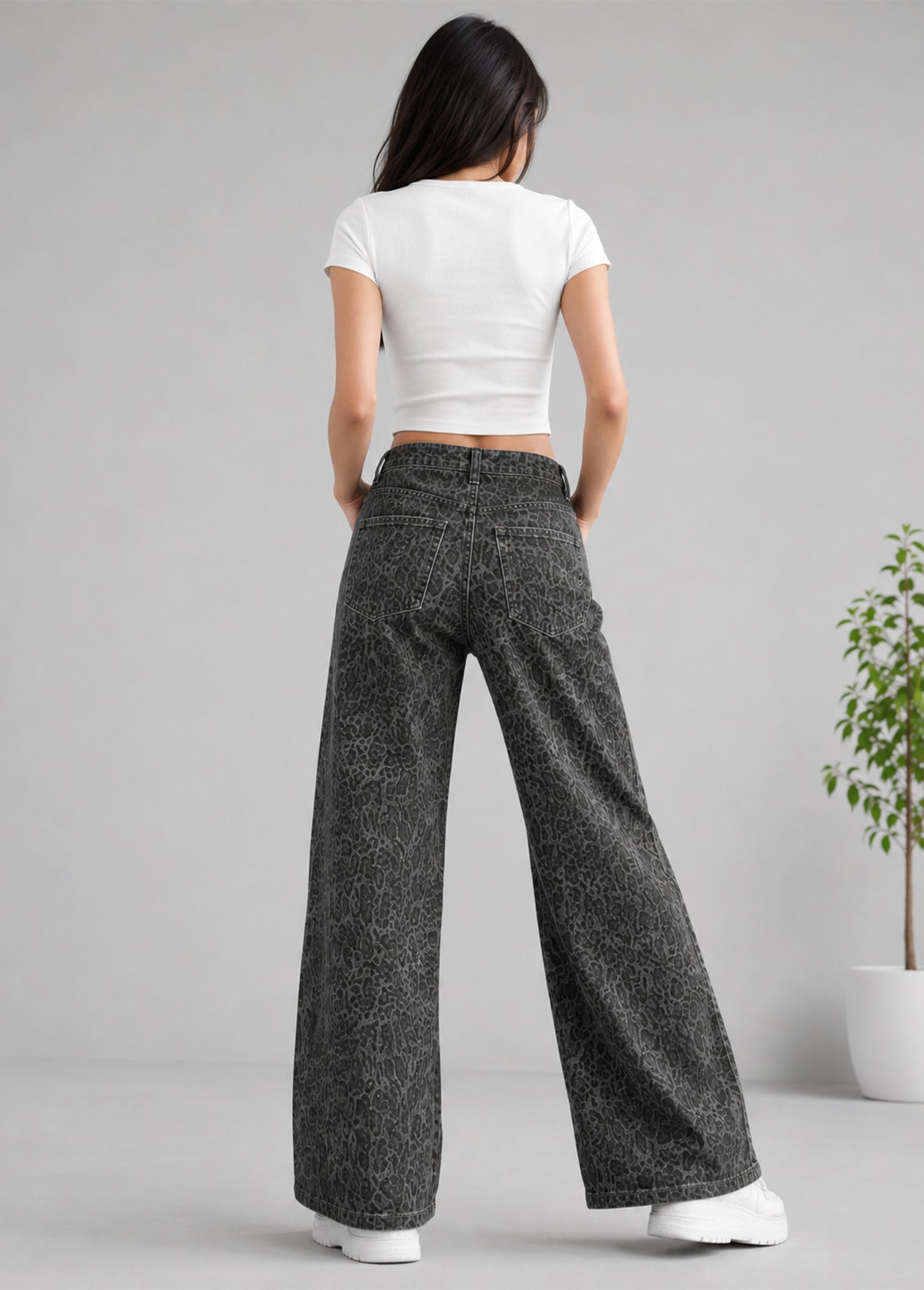 George Women Wide Leg Jeans Dark Grey Leopard Print US 670