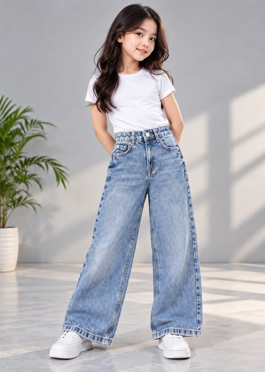 M&S girl wide leg mid blue jeans non stretch 874
