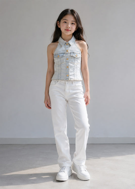 River Island Girls Denim Collared Halter Top Sky Blue US 653