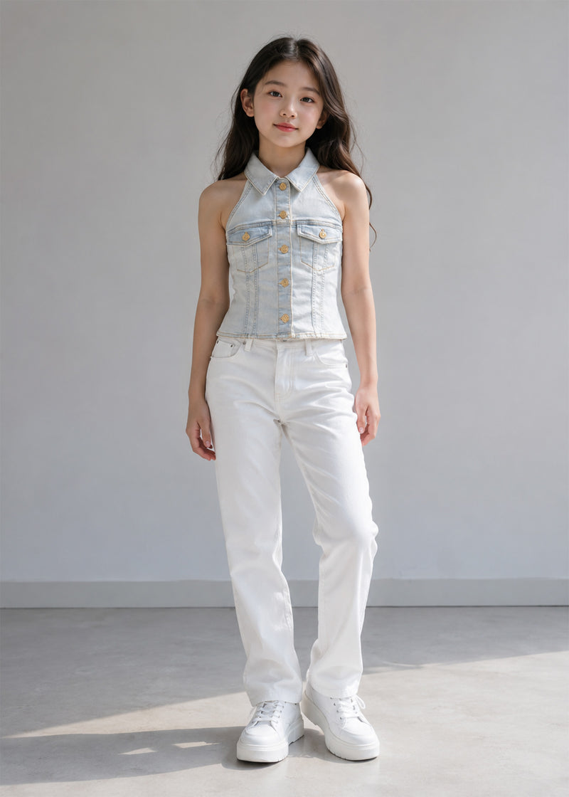 River Island Girls Denim Collared Halter Top Sky Blue US 653