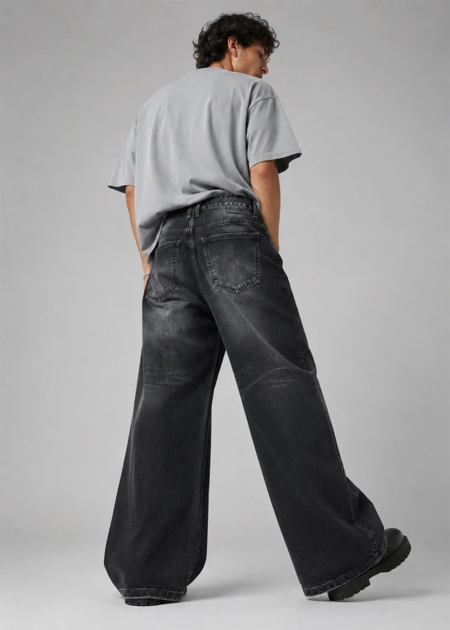 Pull&Bear Men Loose Fit Black Stone-Wash Jeans US 628