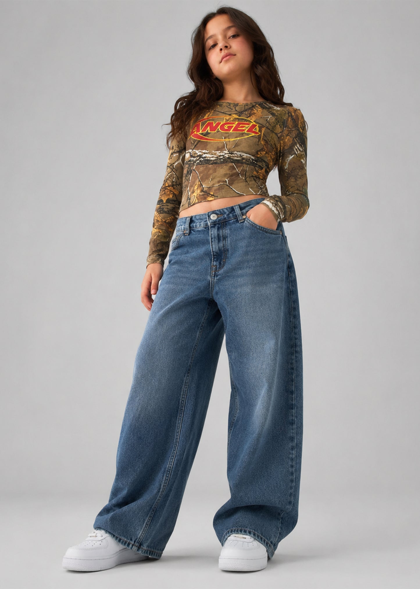 Fashion Nova Women’s Angel Graphic Woodland Camo Long Sleeve Crop T-Shirts 725