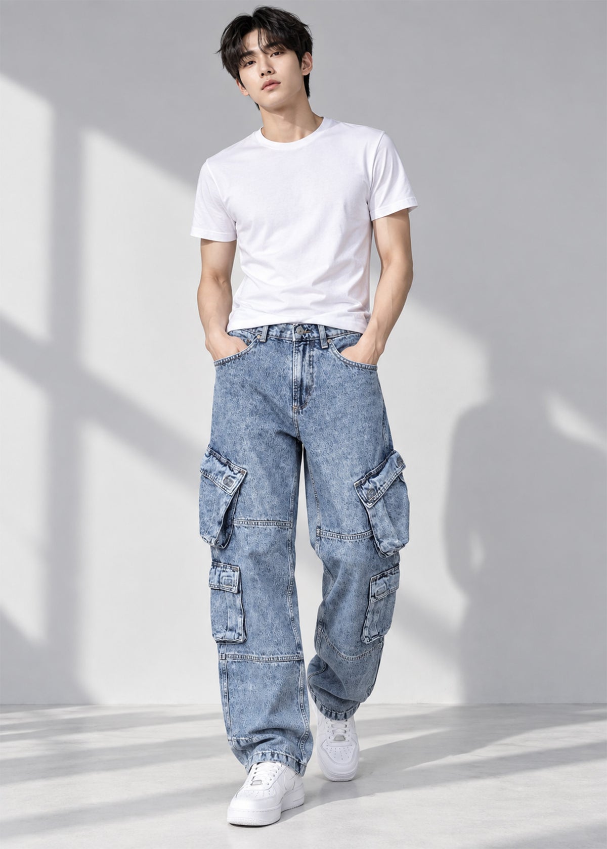 River Island Men Regular Fit Cargo Jeans Wash Blue US 793