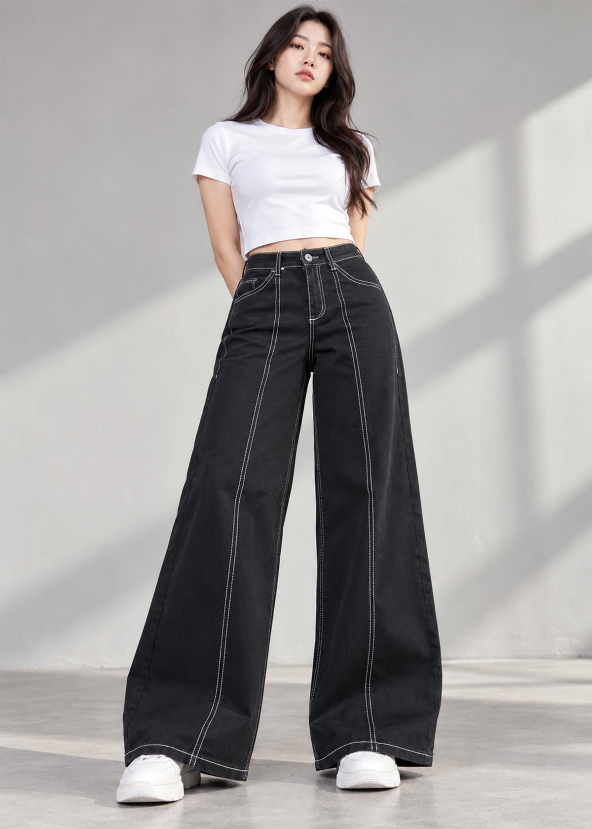 Meave-Women Wide Leg Black Jeans Stretch  810