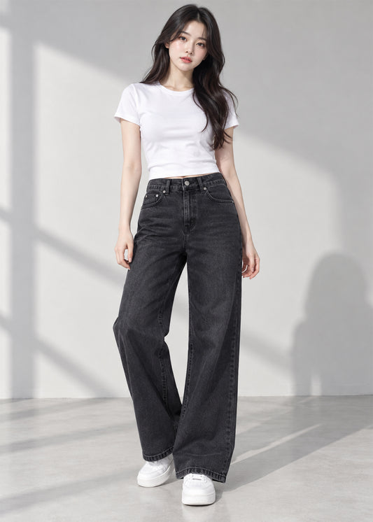 F&F-women Wide leg Jeans Black Stretch Denim 802